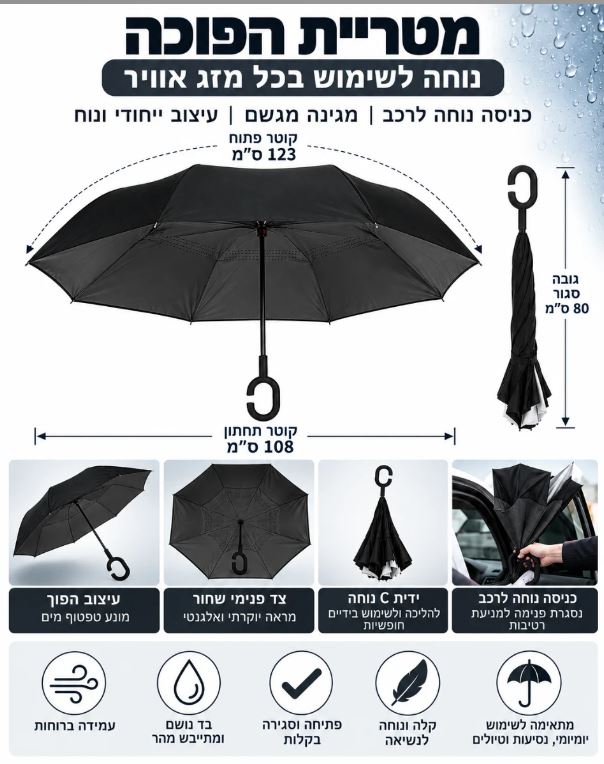 מטריה הפוכה  בשלל צבעים
